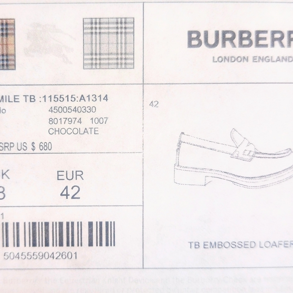 NEW Men's Burberry Chocolate Brown TB Emile Embossed Leather Loafers W/Box Sz 9 - Picture 4 of 4